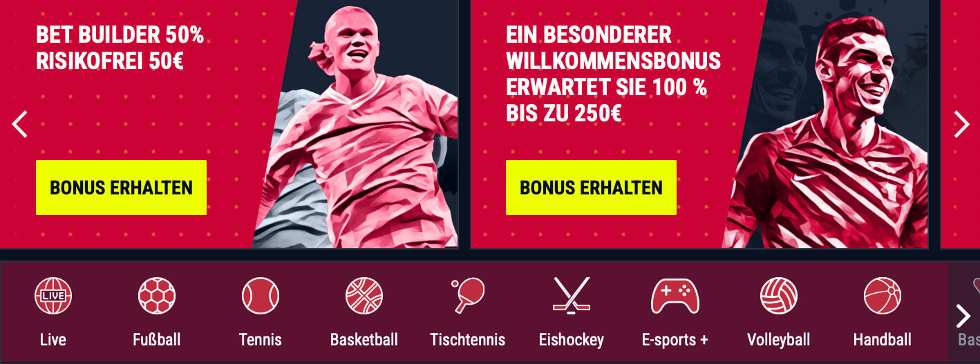 Rabona Sportwetten Startbildschirm für deutsche Spieler